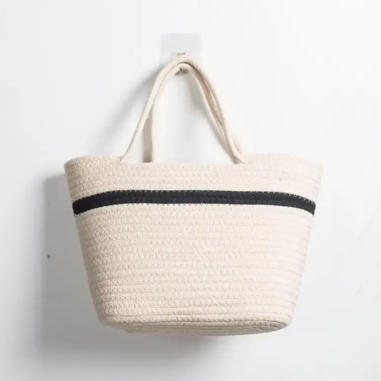 Women's Cotton Rope Tote Bag Large Capacity Beige Black - Image 2