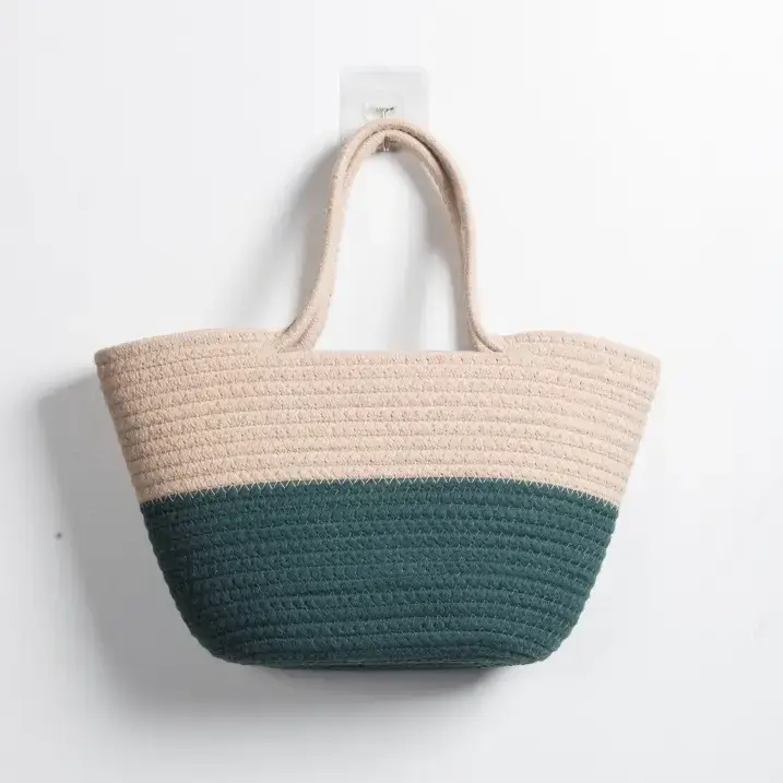 Women's Cotton Rope Tote Bag Large Capacity Beige Black - Image 3