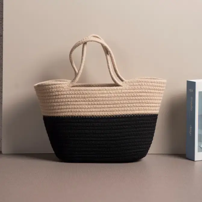 Women's Cotton Rope Tote Bag Large Capacity Beige Black - Image 4