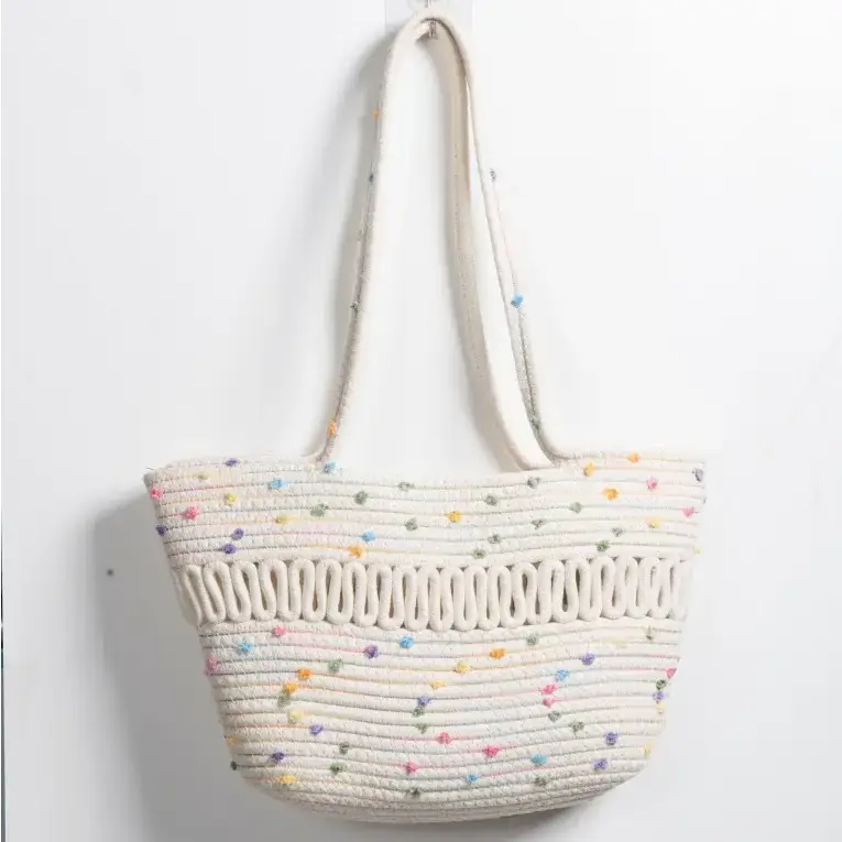 Women's Cotton Rope Tote Bag Large Capacity Beige Black - Image 5