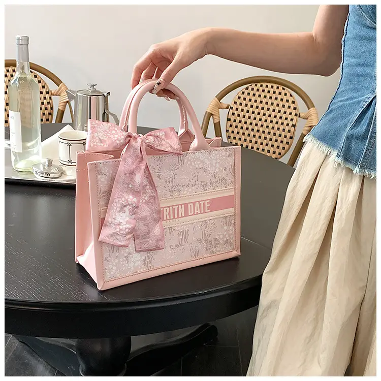 Pink Embroidered Women's Handbag with Bow - Image 6