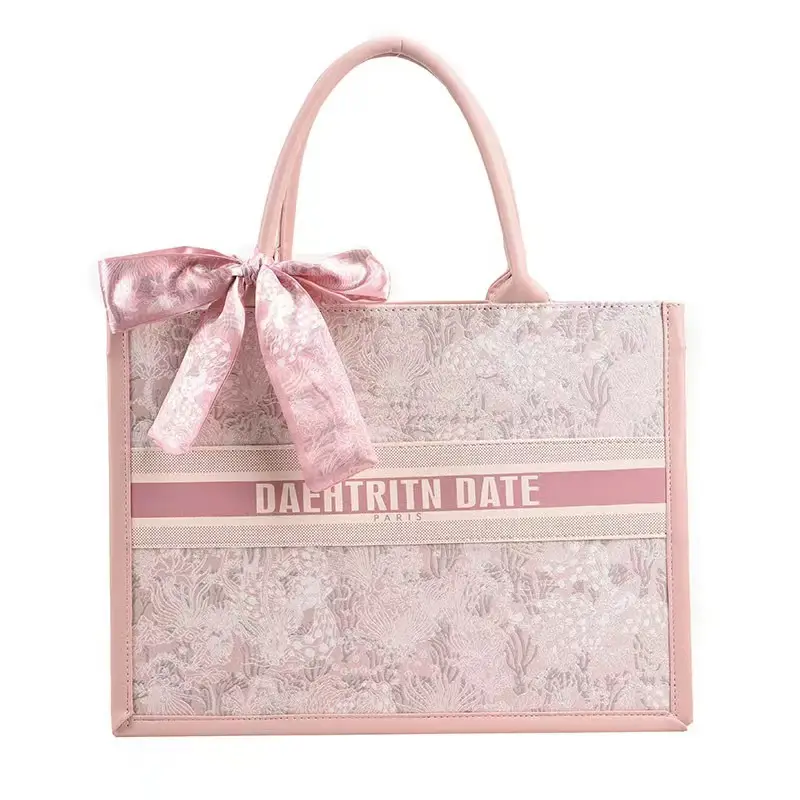 Pink Embroidered Women's Handbag with Bow - Image 9