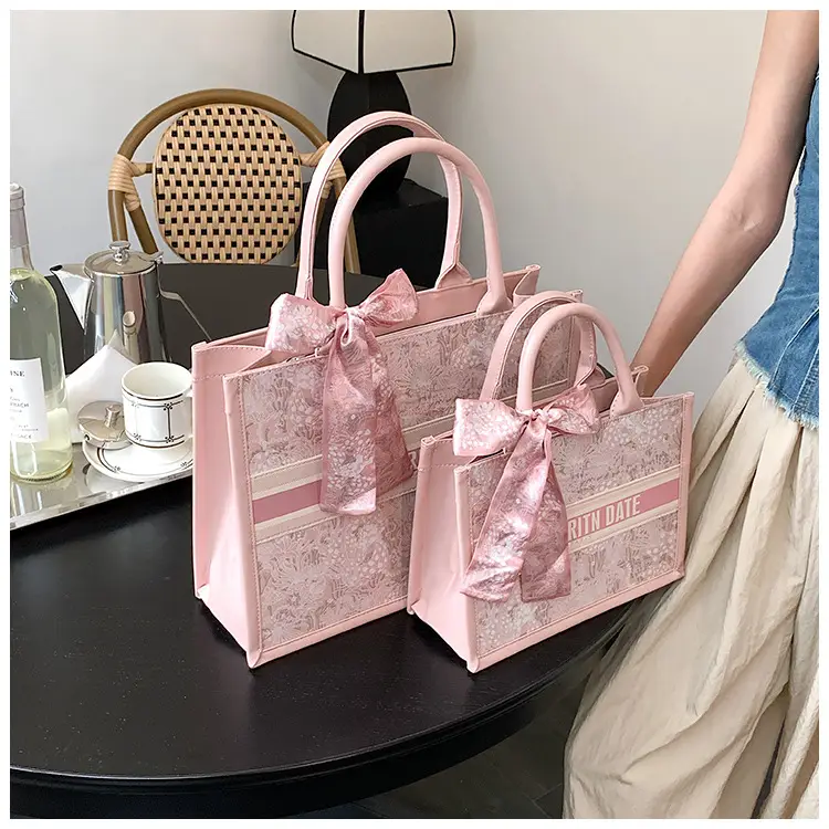 Pink Embroidered Women's Handbag with Bow — feature 12