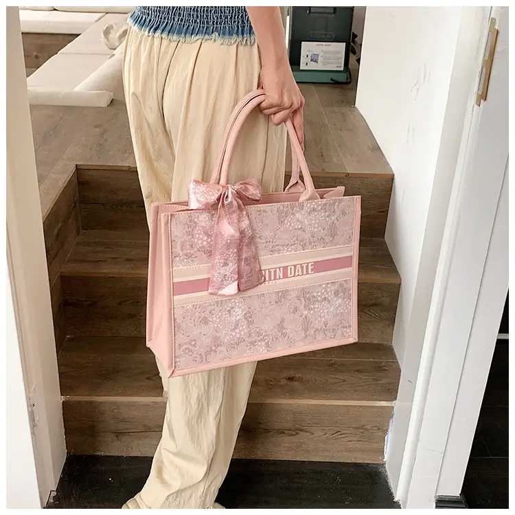 Pink Embroidered Women's Handbag with Bow — feature 13