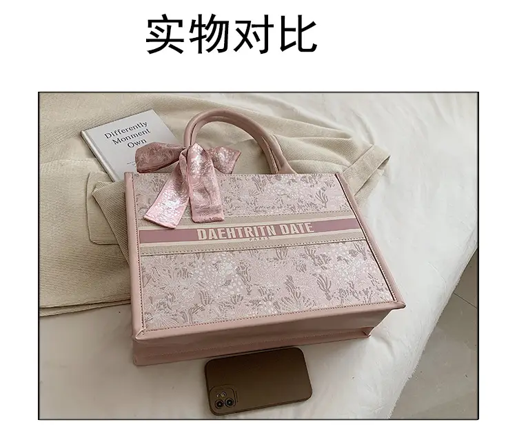 Pink Embroidered Women's Handbag with Bow — feature 6