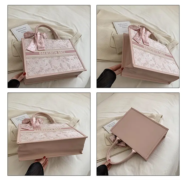 Pink Embroidered Women's Handbag with Bow — feature 8