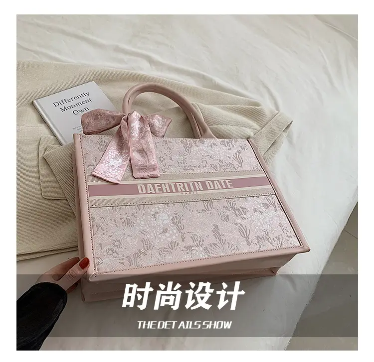 Pink Embroidered Women's Handbag with Bow — feature 9