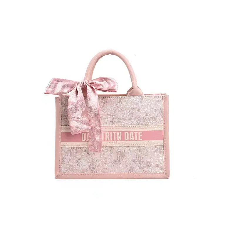 Pink Embroidered Women's Handbag with Bow - Image 3