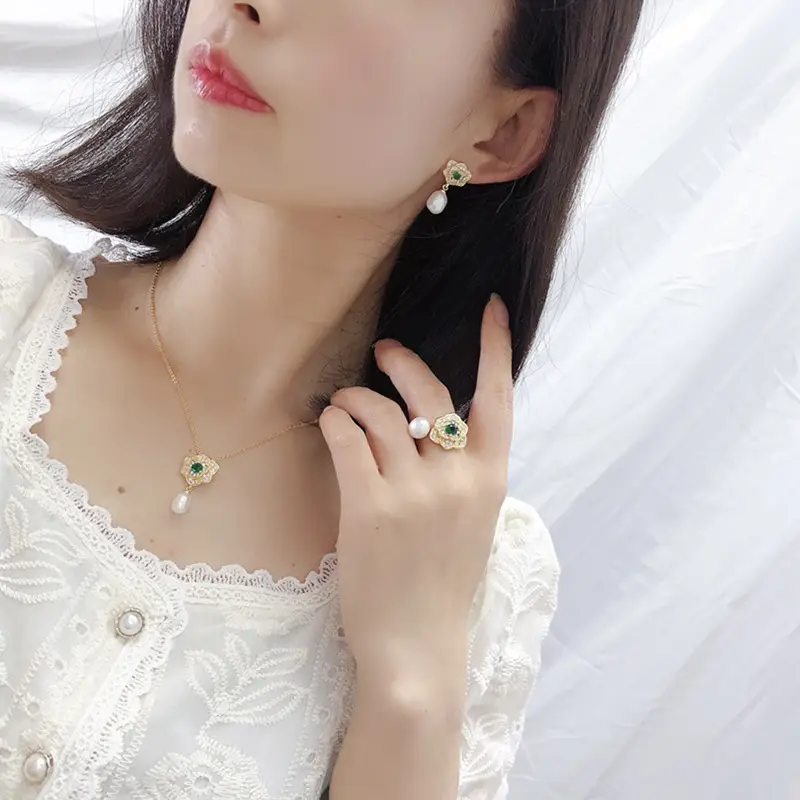 Women's Pearl Earrings & Necklace Set with Zircon Flower Design - Image 7