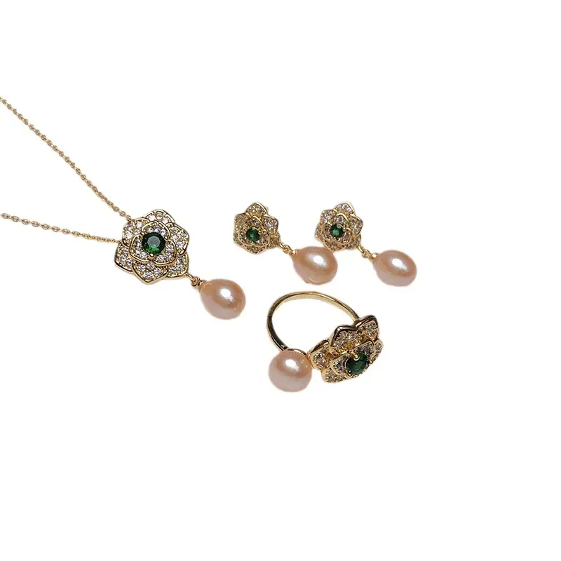 Women's Pearl Earrings & Necklace Set with Zircon Flower Design - Image 8