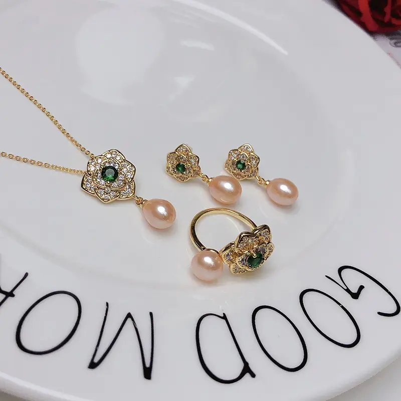 Women's Pearl Earrings & Necklace Set with Zircon Flower Design - Image 2