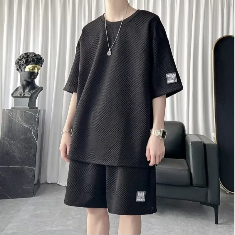 Men's White Waffle Short Sleeve Sports Suit Top Pants Set