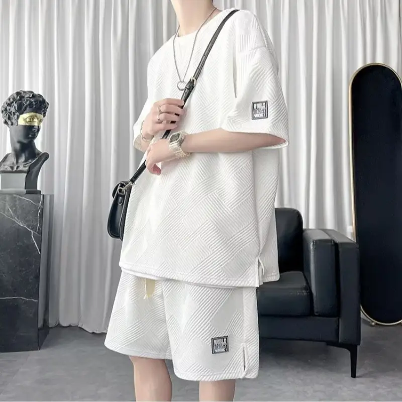 Men's White Waffle Short Sleeve Sports Suit Top Pants Set