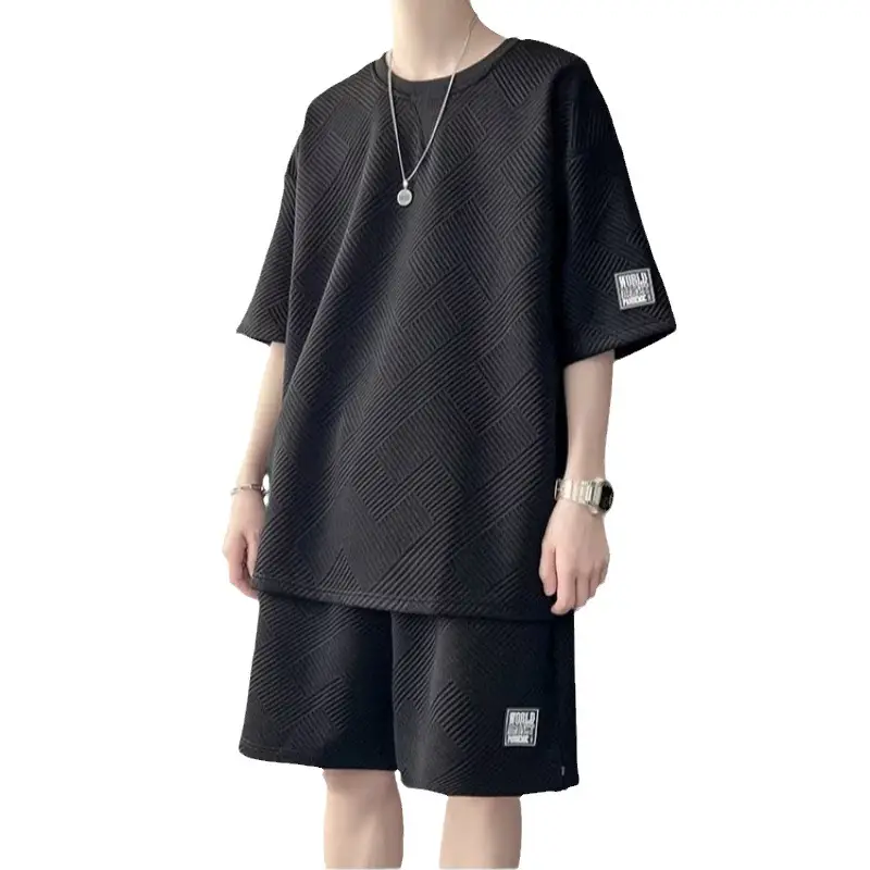 Men's White Waffle Short Sleeve Sports Suit Top Pants Set