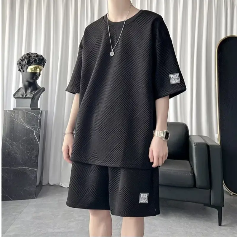 Men's White Waffle Short Sleeve Sports Suit Top Pants Set