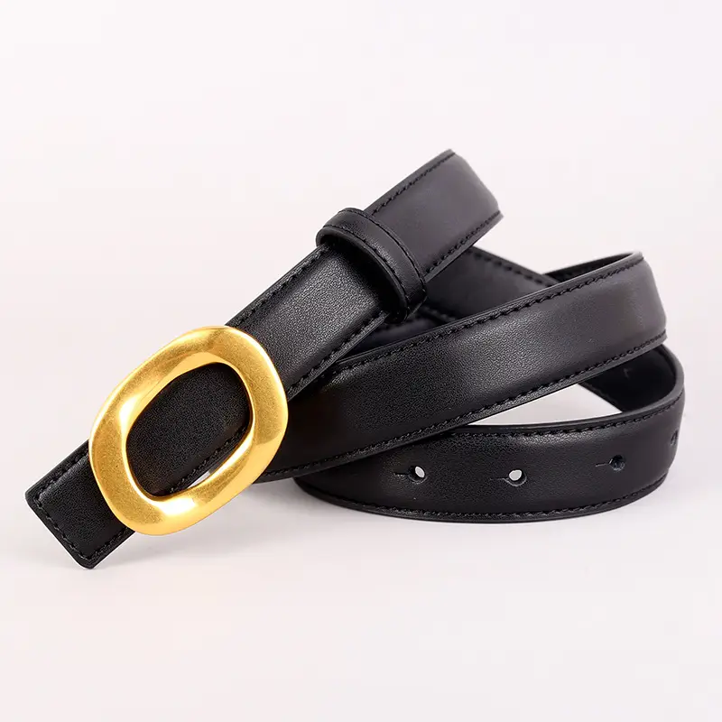 Grey Genuine Leather Women's Belt with Gold Buckle