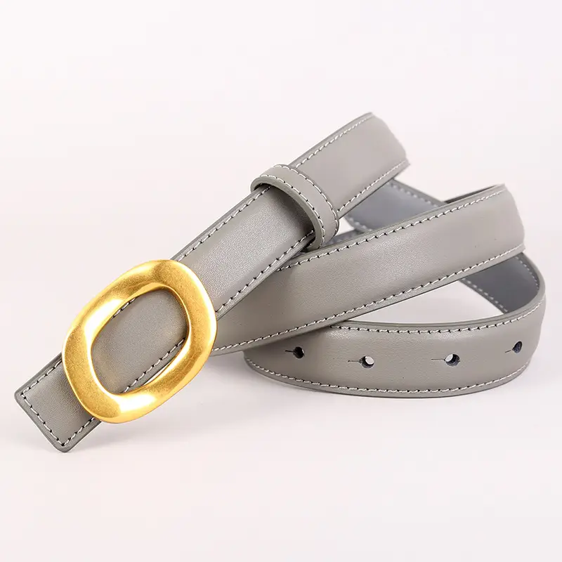 Grey Genuine Leather Women's Belt with Gold Buckle - Image 3