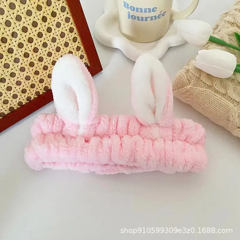 Pink 3D Rabbit Ears Face Wash Headband Flannel - Image 10