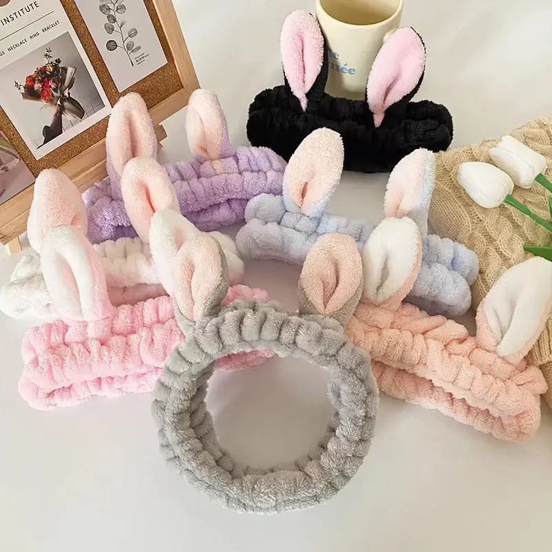 Pink 3D Rabbit Ears Face Wash Headband Flannel — feature 1