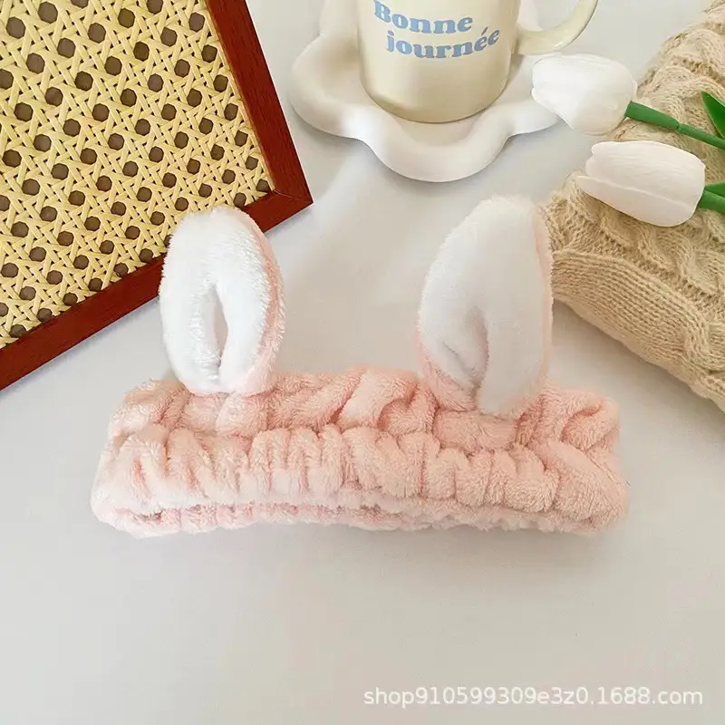 Pink 3D Rabbit Ears Face Wash Headband Flannel — feature 6