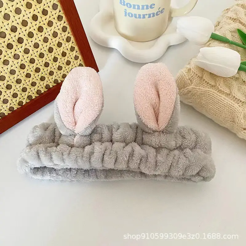 Pink 3D Rabbit Ears Face Wash Headband Flannel — feature 8