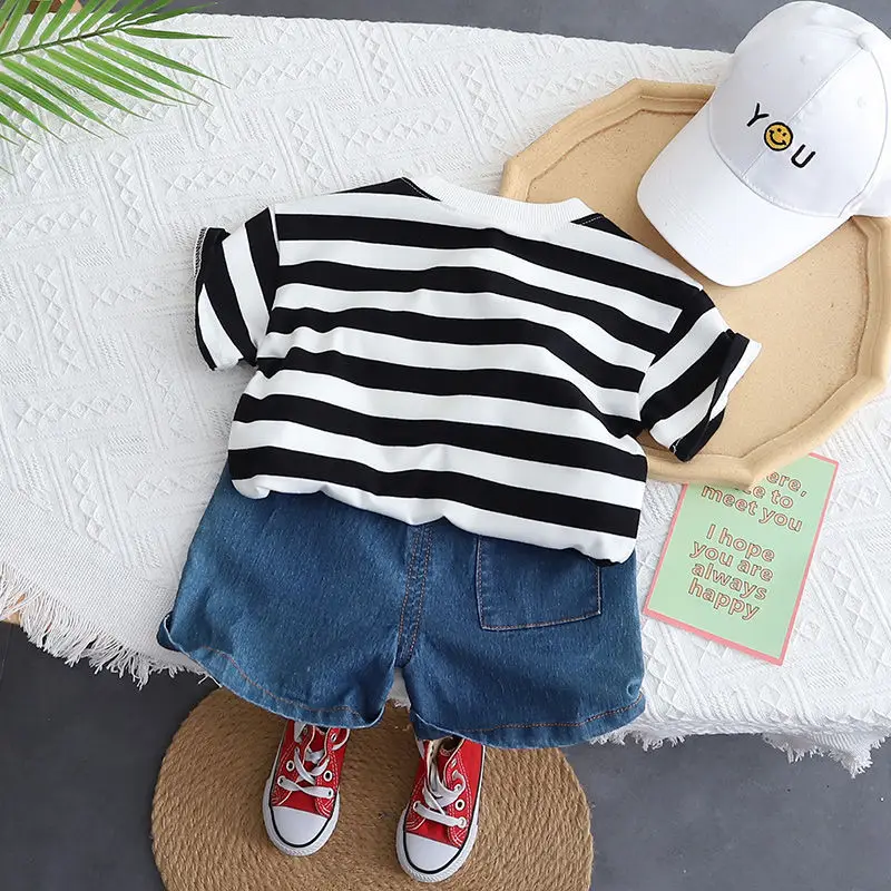 Baby Boys Striped T-Shirt Shorts Set Black White - Image 2