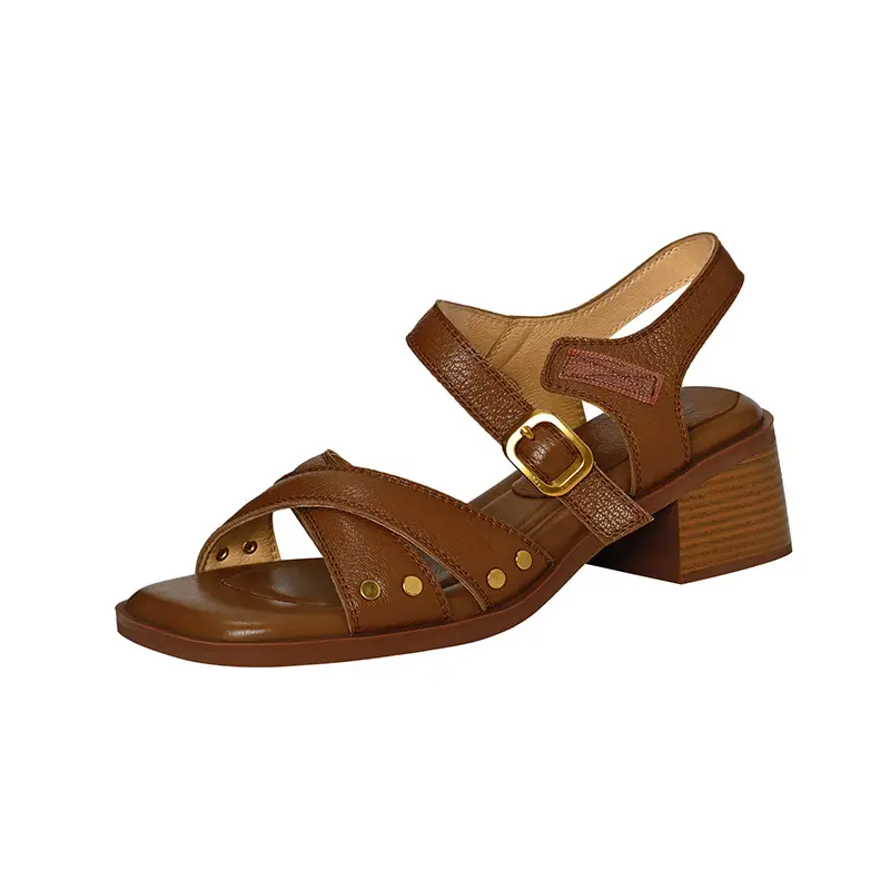 French Mid-Heel Open-Toe Sandals Women's Summer Empty Cross-Strap Commuter Thick-Heel Shoes - Image 8
