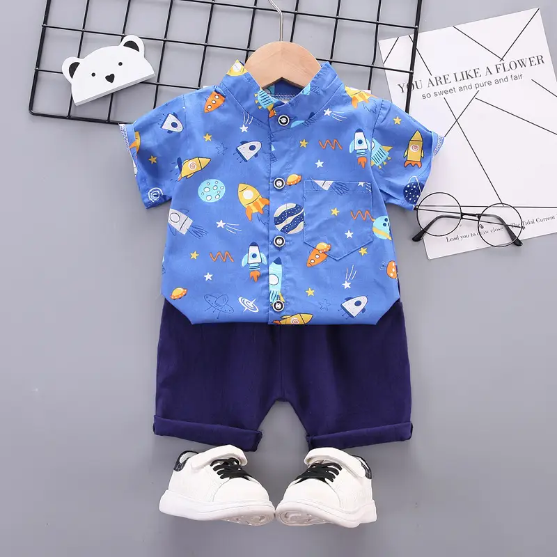 Baby Boys Cotton Printed Suit White Blue Shorts - Image 3