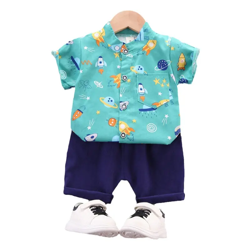 Baby Boys Cotton Printed Suit White Blue Shorts - Image 5