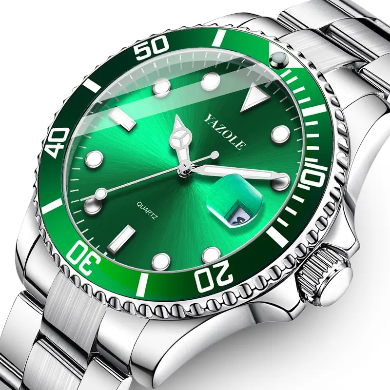 Men's Green Luminous Quartz Watch with Stainless Steel Strap