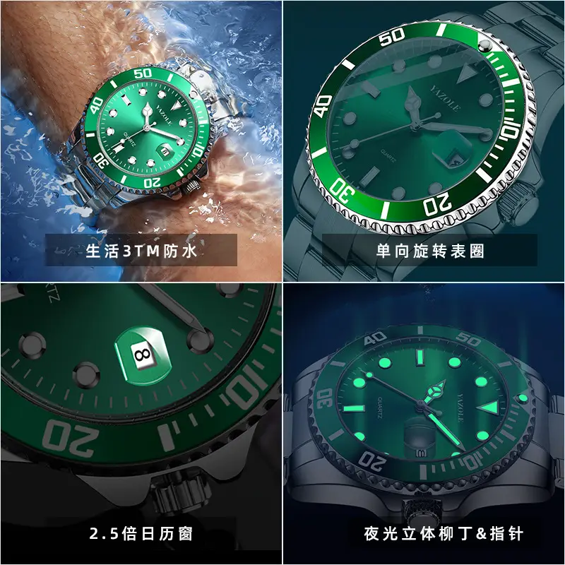 Men's Green Luminous Quartz Watch with Stainless Steel Strap