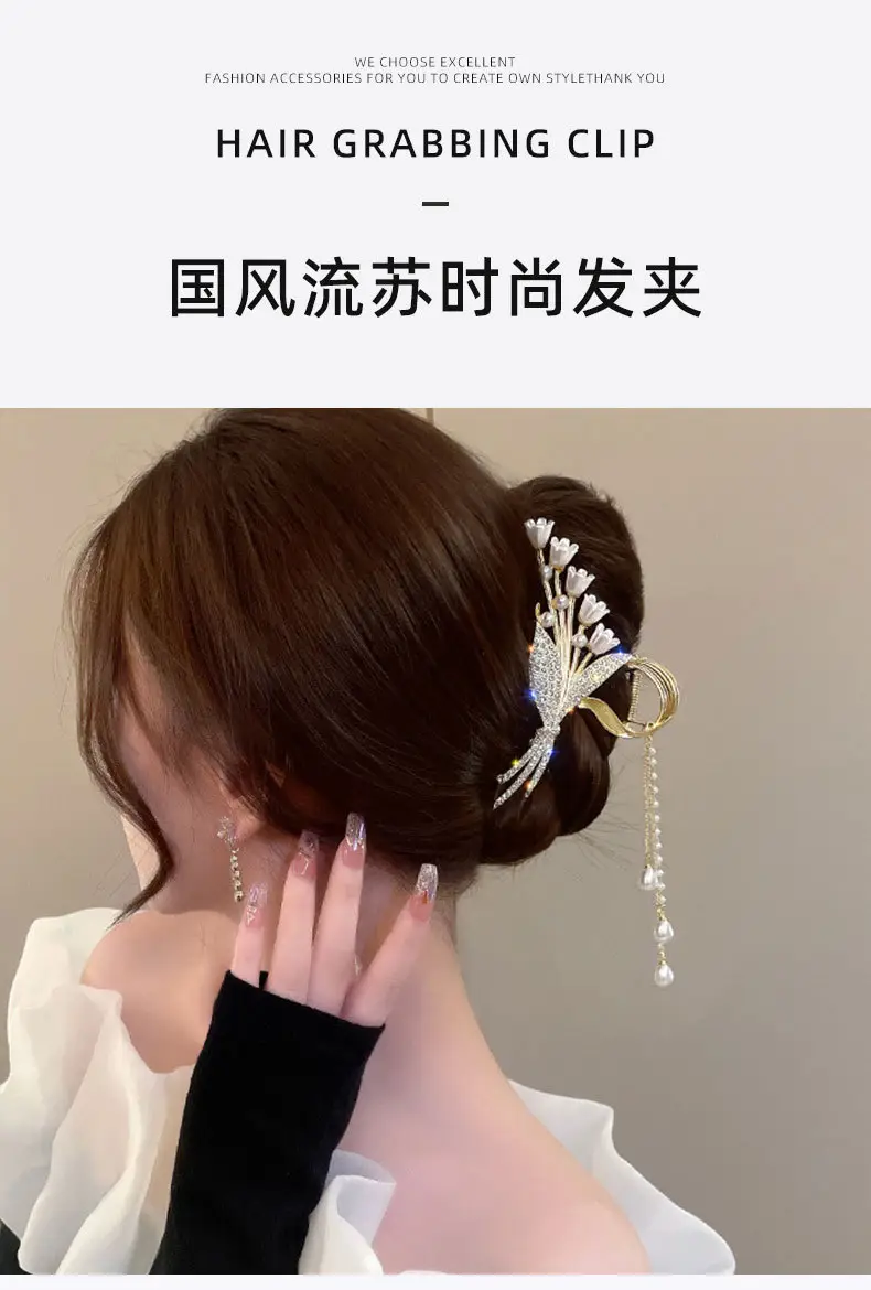 Gold Shark Hair Clip for Women with Diamond Embellishment — feature 2