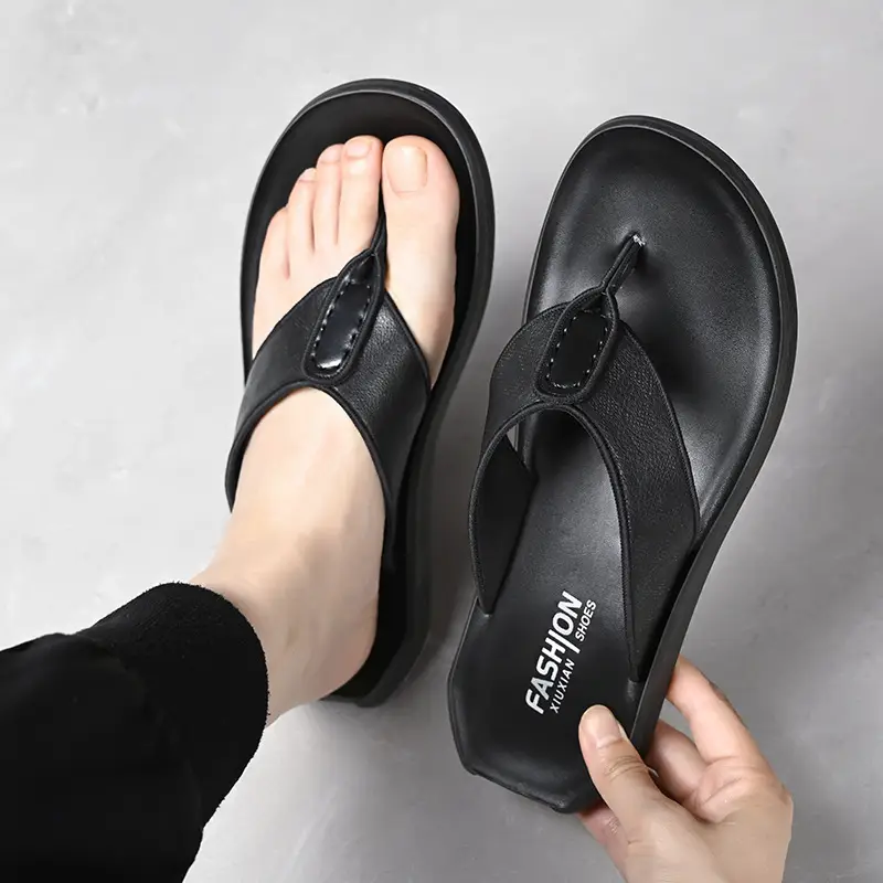 Men's Brown Leather Flip Flops Summer Wear