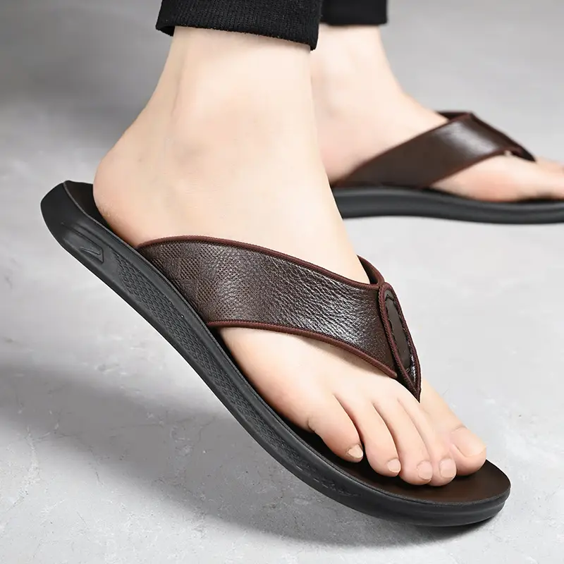 Men's Brown Leather Flip Flops Summer Wear