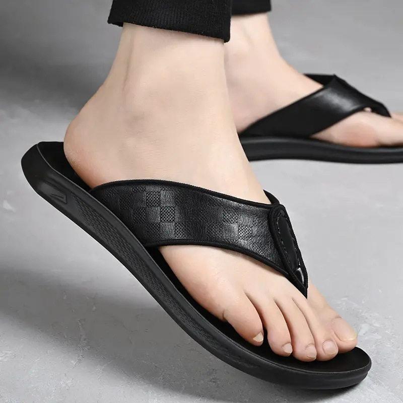 Men's Brown Leather Flip Flops Summer Wear