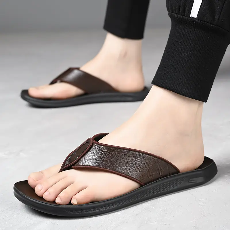 Men's Brown Leather Flip Flops Summer Wear — feature 12