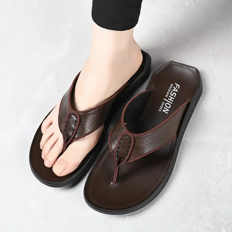 Men's Brown Leather Flip Flops Summer Wear — feature 13