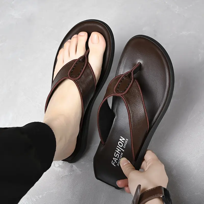 Men's Brown Leather Flip Flops Summer Wear — feature 14