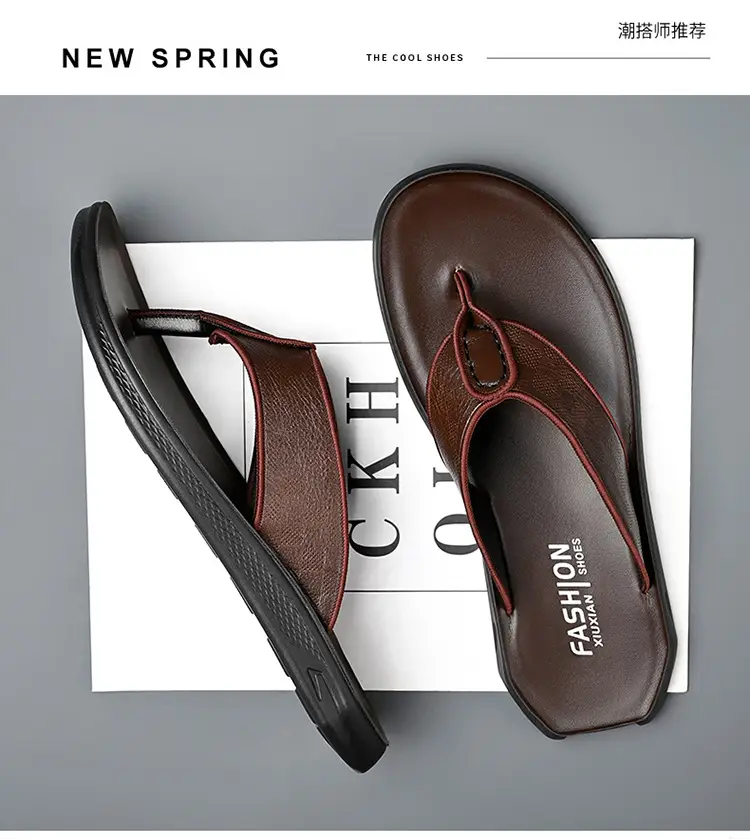Men's Brown Leather Flip Flops Summer Wear — feature 4