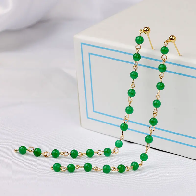 Extended Tassel Earline Pure Natural Green Jade 14K Gold Red Jade 4mm - Image 10