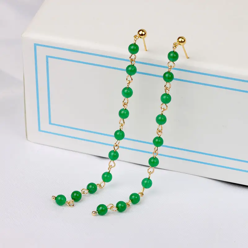 Extended Tassel Earline Pure Natural Green Jade 14K Gold Red Jade 4mm - Image 11
