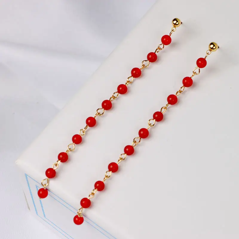 Extended Tassel Earline Pure Natural Green Jade 14K Gold Red Jade 4mm - Image 12