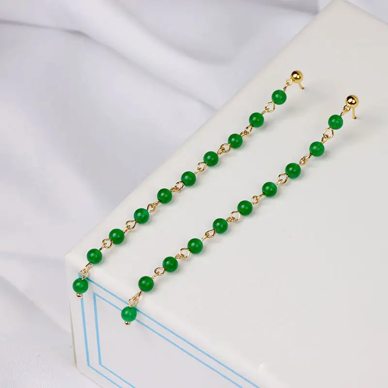 Extended Tassel Earline Pure Natural Green Jade 14K Gold Red Jade 4mm — feature 12