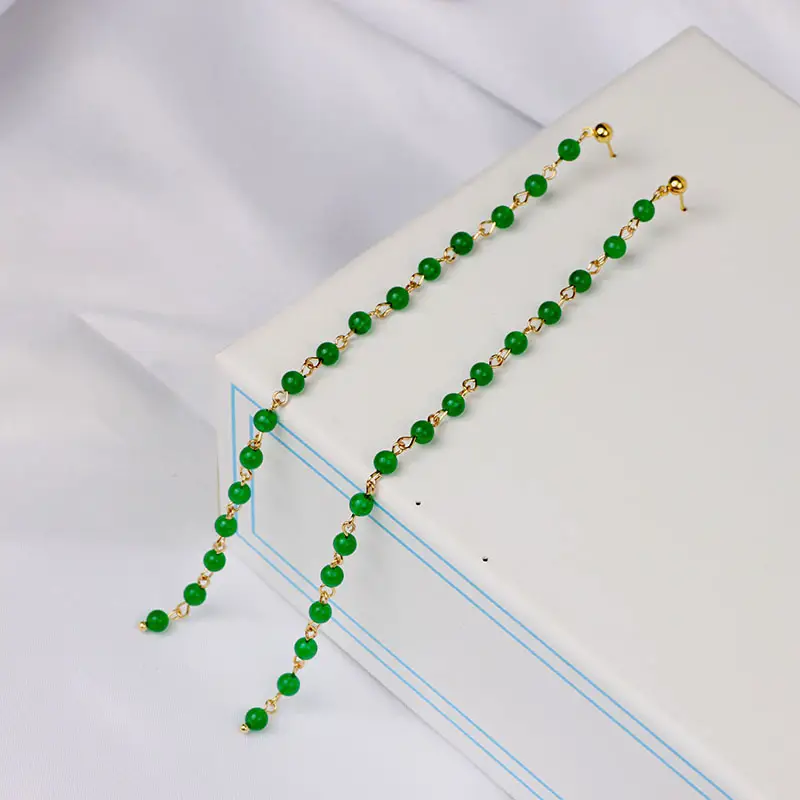 Extended Tassel Earline Pure Natural Green Jade 14K Gold Red Jade 4mm — feature 2