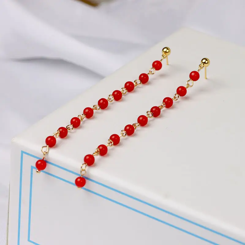 Extended Tassel Earline Pure Natural Green Jade 14K Gold Red Jade 4mm — feature 3