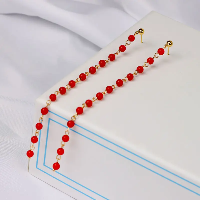 Extended Tassel Earline Pure Natural Green Jade 14K Gold Red Jade 4mm — feature 4
