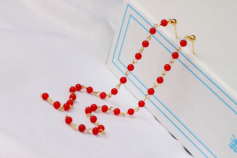 Extended Tassel Earline Pure Natural Green Jade 14K Gold Red Jade 4mm — feature 5