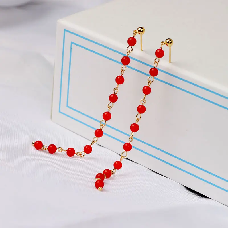 Extended Tassel Earline Pure Natural Green Jade 14K Gold Red Jade 4mm — feature 7