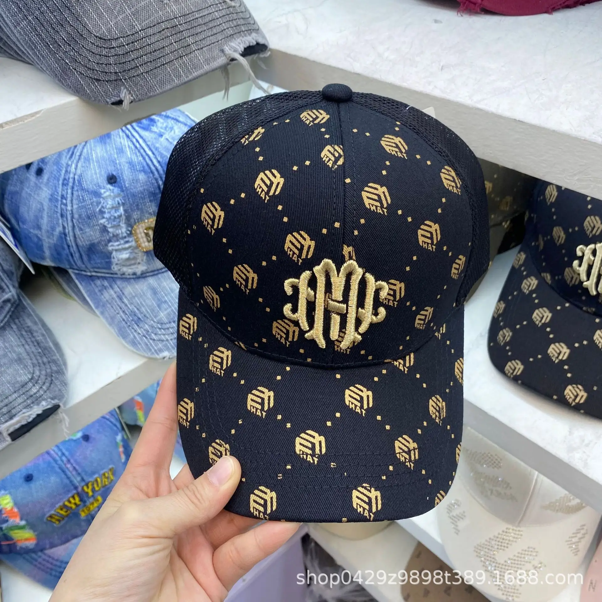 Men Embroidered Monogram Cap Brown Gold