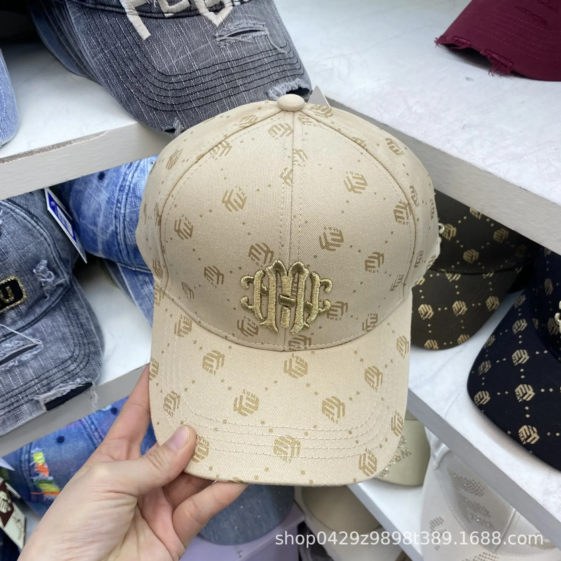 Men Embroidered Monogram Cap Brown Gold